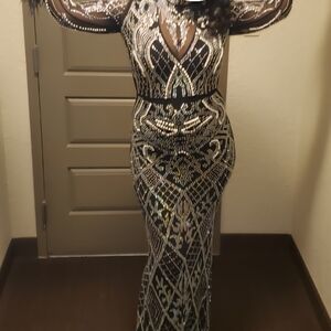 Banjul Black and White Long Sleeve Rhinestone Pearl Dress